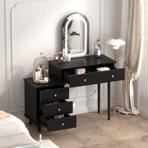 Makeup Vanity Desk with Mirror and Lights, Modern White Vanity Table with 2 Drawers & Adjustable 3-Drawer Cabinet, Wood Dressing Table for Bedroom - 1 of 4