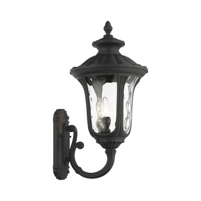 Artisanal Textured Black 3-Light Outdoor Lantern Sconce with Clear Water Glass