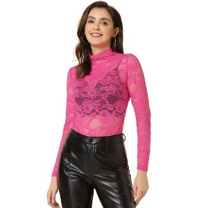 Allegra K Women's See-Through Long Sleeve Turtleneck Sheer Floral Lace Blouse - 1 of 4