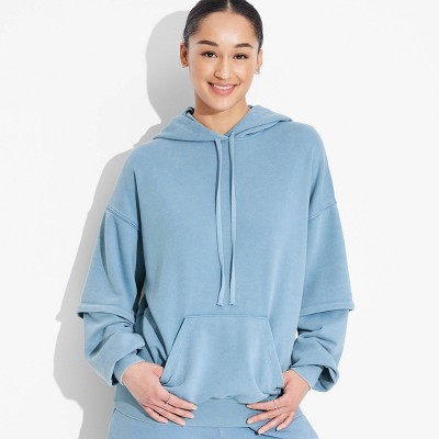 Women's Layered Sleeve Hooded Sweatshirt - Wild Fable™ Teal Blue XL