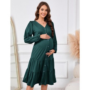 WhizMax Womens Maternity Dresses Fall Long Sleeve Midi Dress Casual V Neck Button Down Tiered Flowy Aline Waist Shirt Dress - 1 of 4