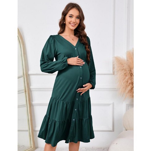 Whizmax Womens Maternity Dresses Fall Long Sleeve Midi Dress Casual V Neck Button Down Tiered Flowy Aline Waist Shirt Dress Dark Green Medium Target