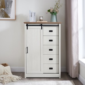 5 Drawers Dresser, Cabinet With Sliding Barn Door, Farmhouse Modern Tall Dresser With 5 Chest Of Drawers, Storage Organizer Dresser-Cuddlewood - 1 of 4