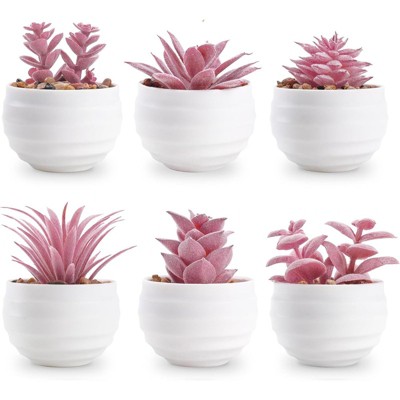 BRINJOY 6-Piece Pink Succulent Artificial Plants Set - Mini Potted Fake Succulents for Girls' Room Decor & Desk Accessories