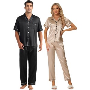 INSPIRE CHIC Couples Pajamas Sets Button Down Short Sleeve Casual 2 Pack Satin Sleepwear - 1 of 4