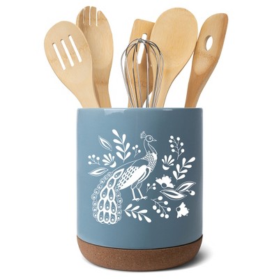 Elanze Designs 8 inch Floral Peacock Large Ceramic Kitchen Utensil Holder Sky Blue and White Crock with Cork Base