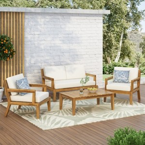 Christopher Knight Home Rossville Outdoor Acacia Wood 4 Seater Chat Set with Cushions, Teak/Beige - 1 of 4