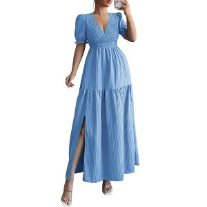 Women's V Neck Short Sleeve Smocked Tiered Side Slit Maxi Dress - 1 of 4
