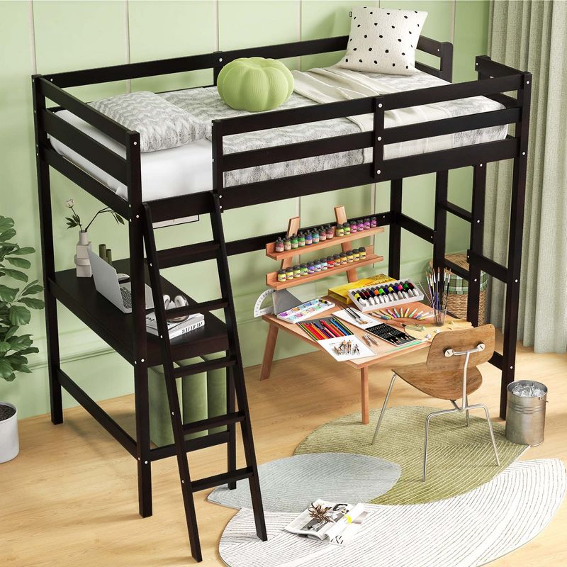 Costway Twin Size Loft Bed w/ Desk & Shelf 2 Ladders & Guard Rail for Kids Teens Bedroom Brown/Grey/White, 5 of 11