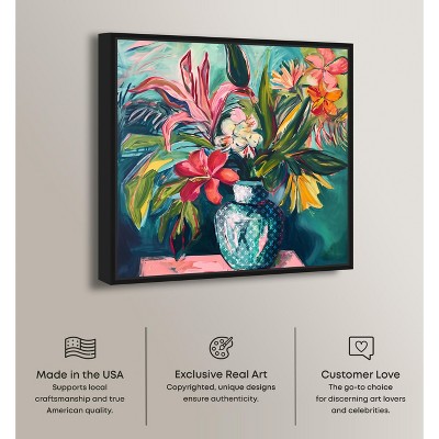 Black Framed Tropical Flowers Canvas Painting, 17" x 17"