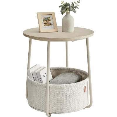 Small Round Side End Table, Modern Nightstand with Fabric Basket