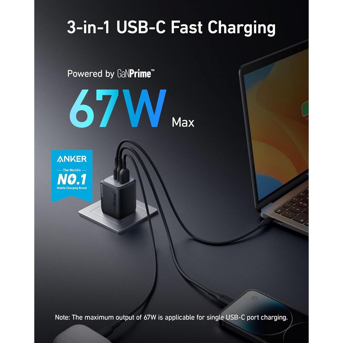 Anker USB Charger Block, 67W GaN Wall Charger, 3-Port Compact Fast Charging - thumbnail 2