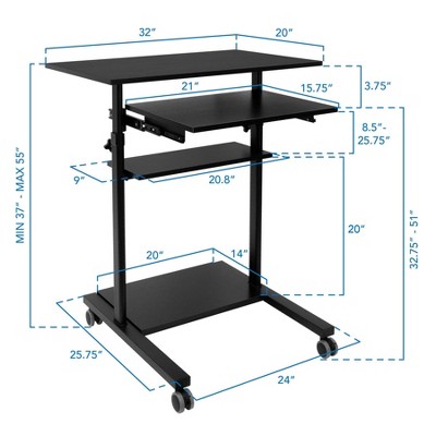Adjustable 32" Black Wood Mobile Sit/Stand Desk with Keyboard Tray