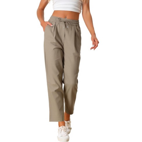 Allegra K Women's Drawstring Elastic Waist Tapered Casual Linen Pants with  Pockets Khaki Small