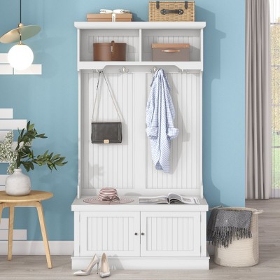 CAVINAS Hall Tree with Storage Bench and Shoe Rack for Entrance Modern Coat Rack with Open Shelves and 4 Hooks