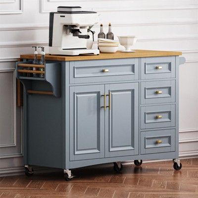 52'' Kitchen Island with Drop Leaf, Kitchen Island on Wheels With 5 Drawers, Kitchen Storage Cart, Rolling Kitchen Island Table for Dining Room