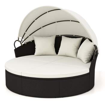 Tangkula Patio Round Daybed Wicker Daybed w/ Retractable Canopy Separated Seating Sectional Sofa