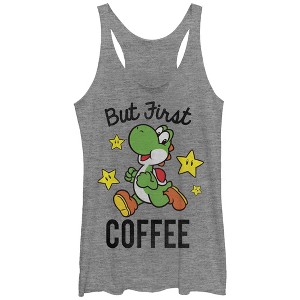 Women's Nintendo Yoshi First Coffee Racerback Tank Top - 1 of 4