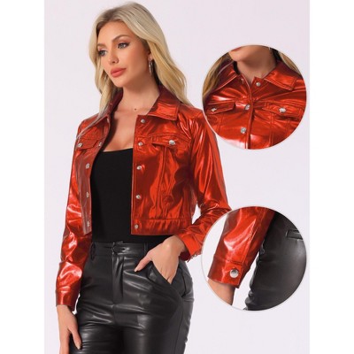 INSPIRE CHIC Women's Spread Collar Biker Holographic Button-Down Cropped Jackets Medium Red — фото 2