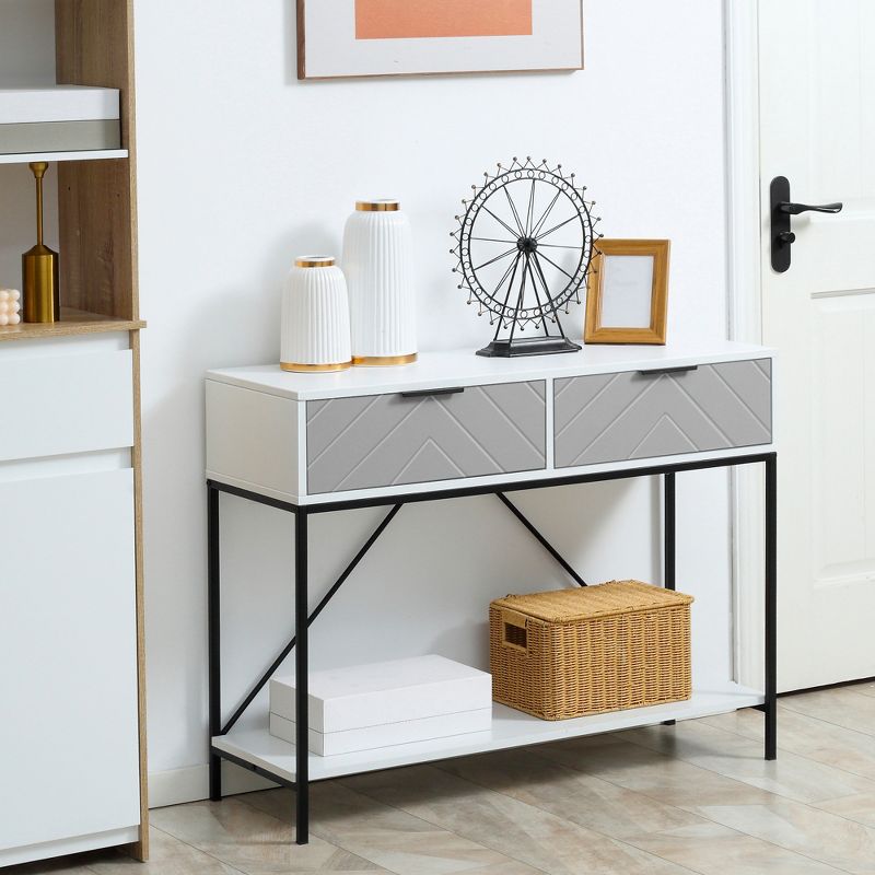 HOMCOM Modern Console Table with 2 Drawers and Open Shelf, Sofa Table for Entryway, Living Room and Hallway, White, 3 of 7