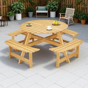 8-Person Outdoor Patio Pine Wood Round Picnic Dining Set with 4 Built-in Benches and Umbrella Hole - 1 of 4