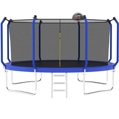 HFYee 8/10/12/14/10*16FT Backyard Trampoline Basketball Kit with Bonus Balls & Safety Enclosure for Ages 8+, Blue
