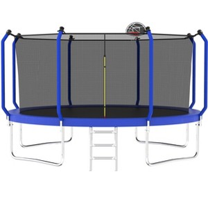 HFYee 8/10/12/14/10*16FT Backyard Trampoline Basketball Kit with Bonus Balls & Safety Enclosure for Ages 8+, Blue - 1 of 4