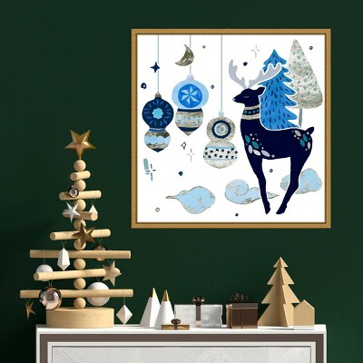 Whimsical Blue Reindeer Holiday Framed Canvas Wall Art