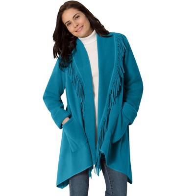 Woman Within Women's Plus Size Fringed Shawl Collar Fleece Jacket