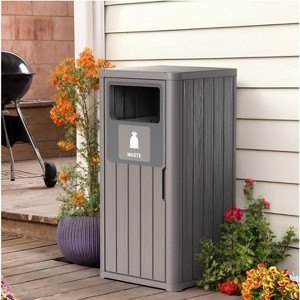 Gulches Indoor/Outdoor Resin Trash Can (16.14”L×16.54”W×35.43”H) – Light Brown Vertical Slat Design, “Waste” Label, Weather-Resistant - 1 of 4