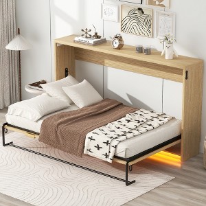 ModernLuxe Twin XL Size Murphy Bed Wall Bed Frame, Wooden Storage Cabinet Bed with LED Light, Natural - 1 of 4
