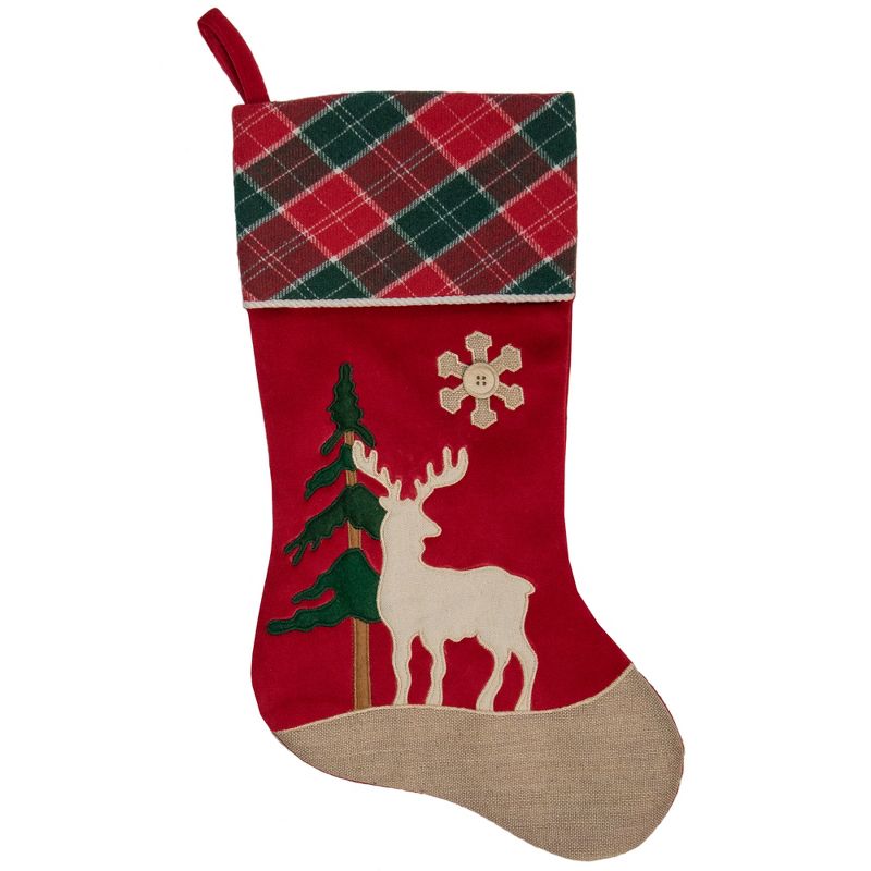 Northlight 20.5-Inch Red and Green Plaid Christmas Stocking with a Pine Tree and Moose, 1 of 4