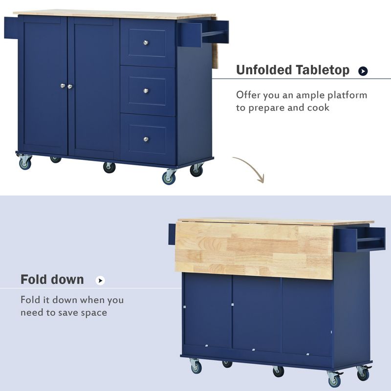 52.7 In. W Mobile Kitchen Island with Drop Leaf Wood Top, Spice Rack and Locking Wheels-ModernLuxe, 4 of 16