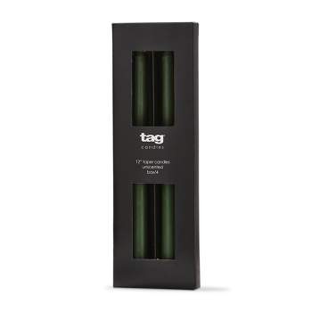 tag Color Studio 12" Traditional Taper Unscented Smokeless Paraffin Wax Candle Hunter Green, Set of 4, Burn Time 8 hrs.