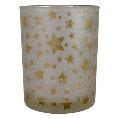 Northlight 5" Matte Silver and Gold Stars and Snowflakes Flameless Glass Candle Holder
