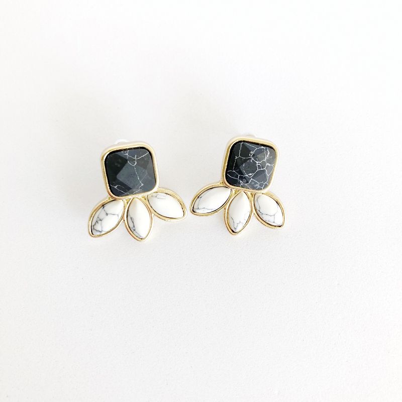 Sanctuary Project by sanctuaire Semi Precious Black and White Howlite Three Stone Stud Earrings Gold, 2 of 3