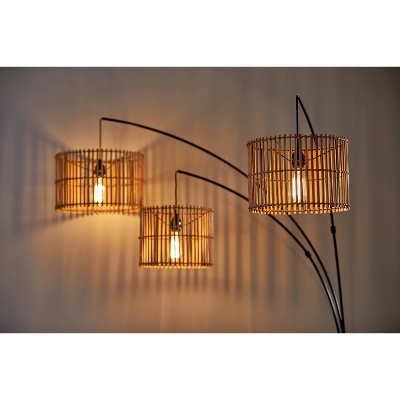 Bohemian Bronze 3-Light Arc Floor Lamp with Rattan Shades