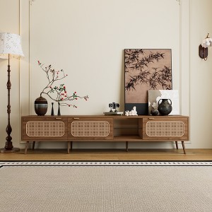 ModernLuxe TV Stand for up to 85" TV, Entertainment Center with Open Shelves & Rattan Doors, Console Table, Walnut - 1 of 4