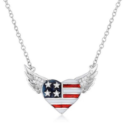 ShineHigh Rhodium-Plated Patriotic Winged Heart Necklace with Red, White & Blue Enamel and .14 Ct CZ Accents – American Flag Pendant