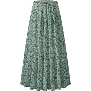 Women's Chiffon High Waist Pleated Maxi Skirt - Flowy A-Line Flared Long Skirt Sage Green Floral - 1 of 4
