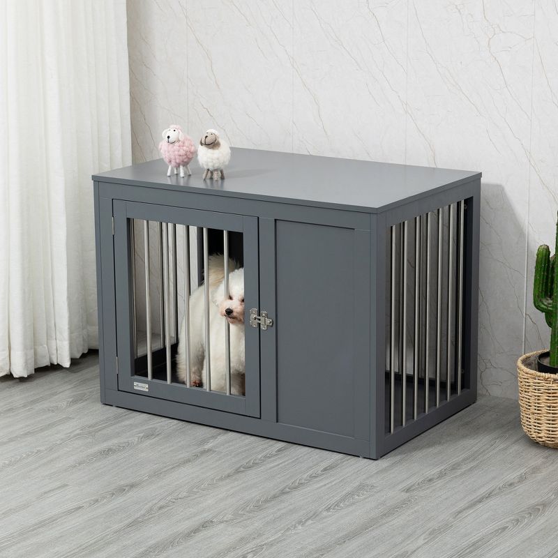 PawHut Wooden Dog Crate Furniture Wire Pet Cage Kennel, End Table with Double Doors, and Locks, for Medium and Large Dog House Indoor Use, 2 of 7