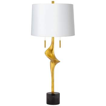 Possini Euro Design Athena 33 1/2" Tall Large Modern End Table Lamp Pull Chain Gold Leaf Finish Metal Living Room Bedroom Bedside White Shade