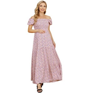 Off the Shoulder Dress Women's Smocked Tiered Maxi Dress Puff Sleeve Ruffle Maternity Maxi Dress Blue S - 1 of 2