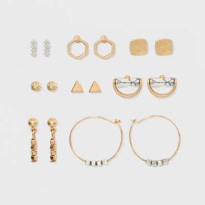 Geometric Shapes, Ball Button and Semi-Precious Howlite Stud Earring Set 8ct - Universal Thread™ Gold