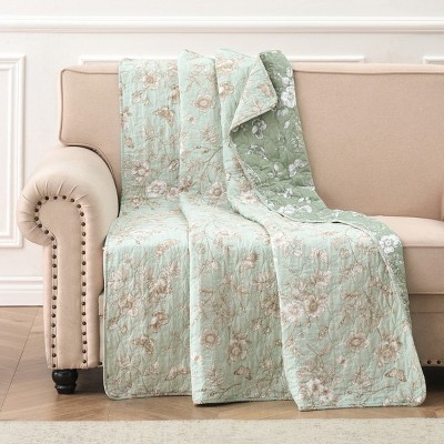 Olivia Mint Green Floral Cotton Reversible Throw Blanket