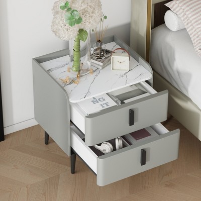 Lycvki Nightstand with 2 Drawers and Marble-Pattern Tabletop