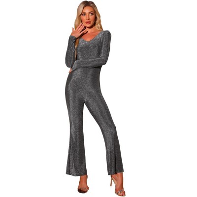 INSPIRE CHIC Women's Glitter Sparkly Wide Leg V Neck Club Party Jumpsuits