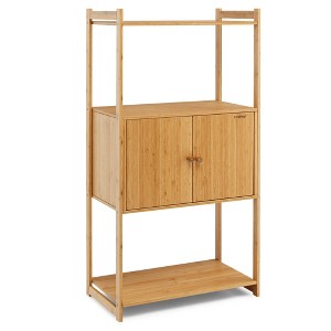 Costway Bamboo Bathroom Cabinet Freestanding Tall Storage Shelf Unit w/2 Doors & Shelves - 1 of 4