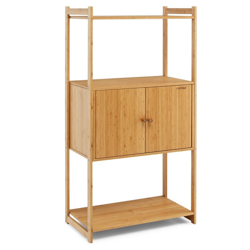Costway Bamboo Bathroom Cabinet Freestanding Tall Storage Shelf Unit w/2 Doors & Shelves, 1 of 11