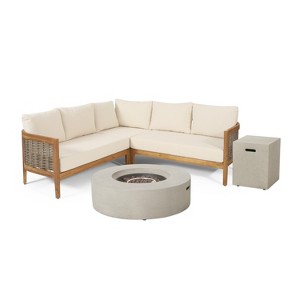 GDFStudio Crowne Outdoor Acacia Wood and Round Wicker 5 Seater Sectional Sofa Chat Set with Fire Pit - 1 of 4